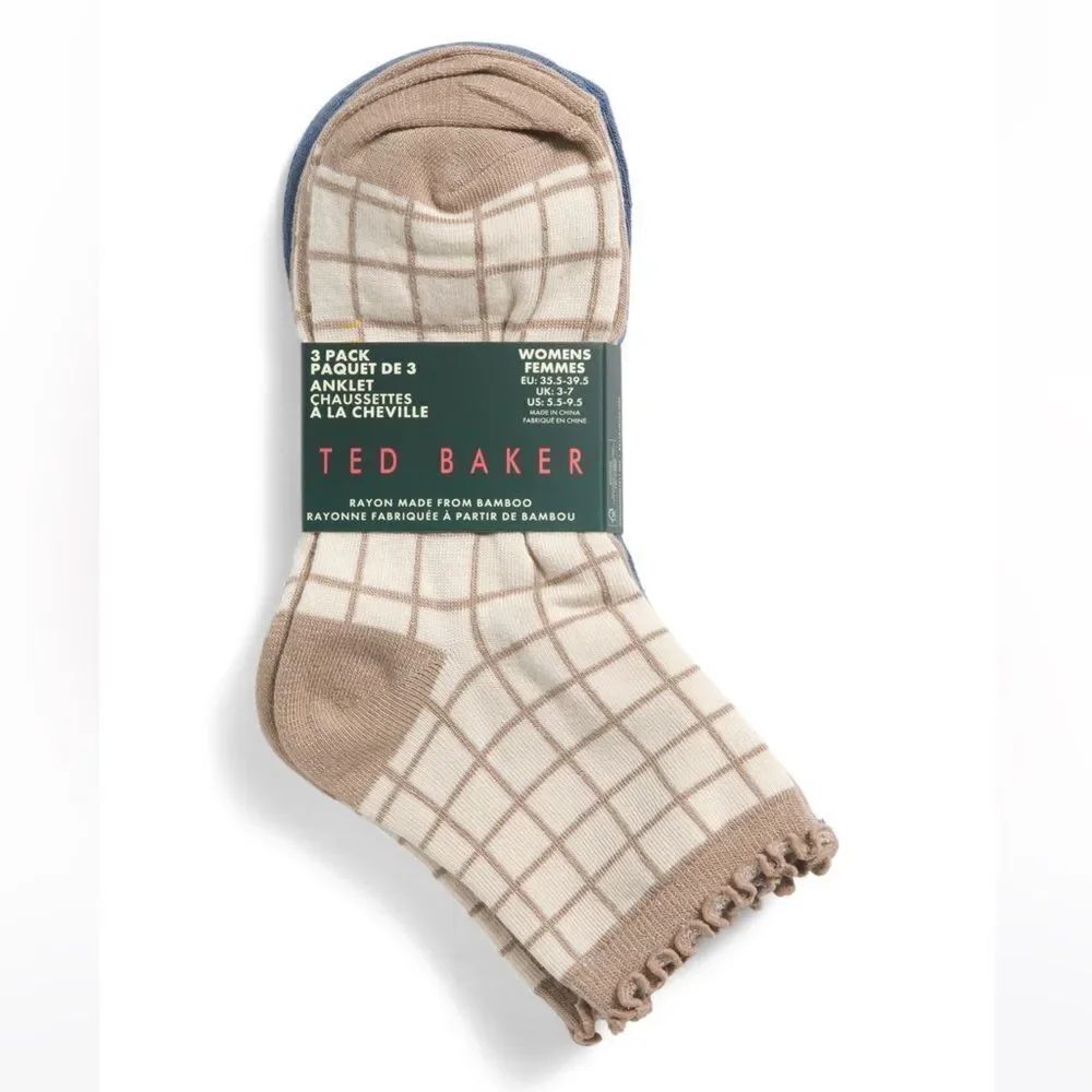 Ted Baker Tan Plaid Blue Dress Crew cut Knit Bamboo Blend Socks 3 pack